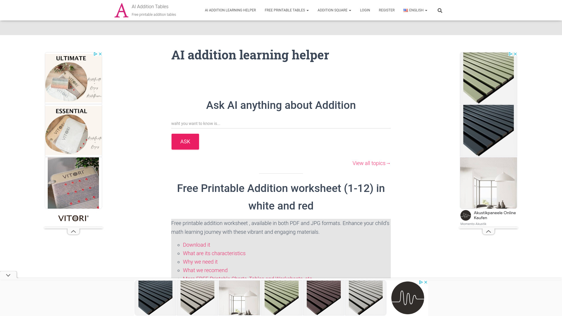 Addition Tables screenshot